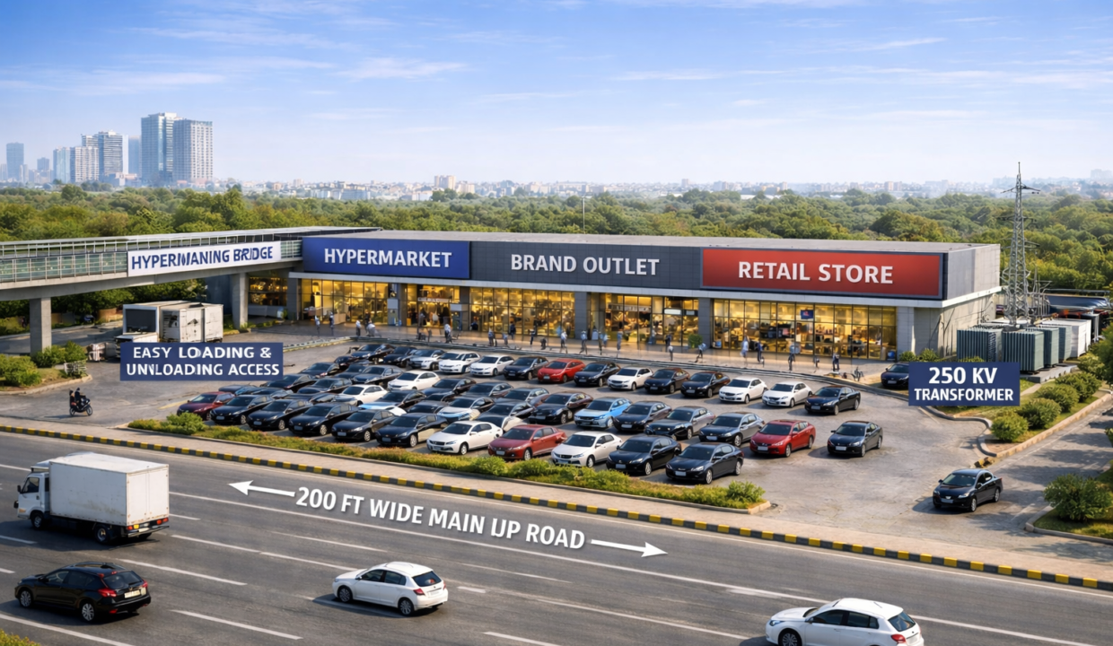 Modern retail complex with busy parking