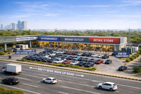 Modern retail complex with busy parking