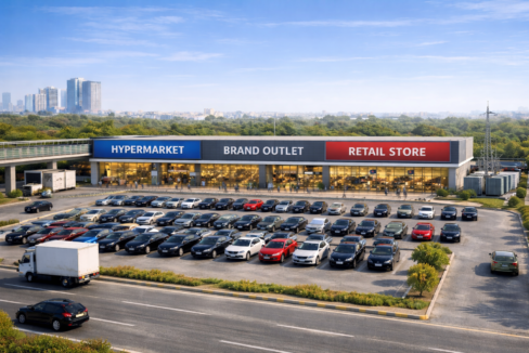 Modern retail plaza with spacious parking